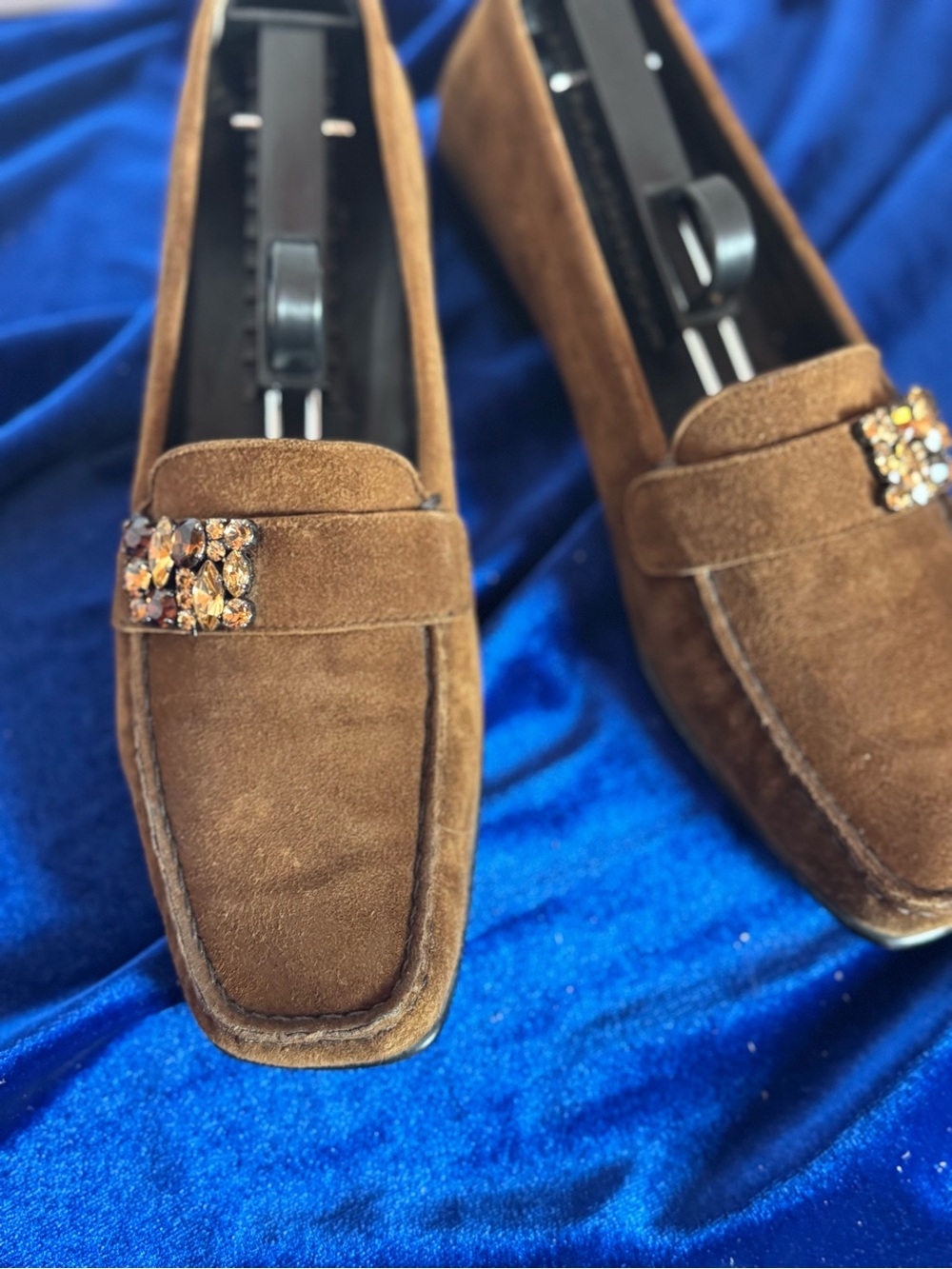 Stuart Weitzman Brown Suede Slip-On Loafers with Jewel Accent - Picture 3 of 10